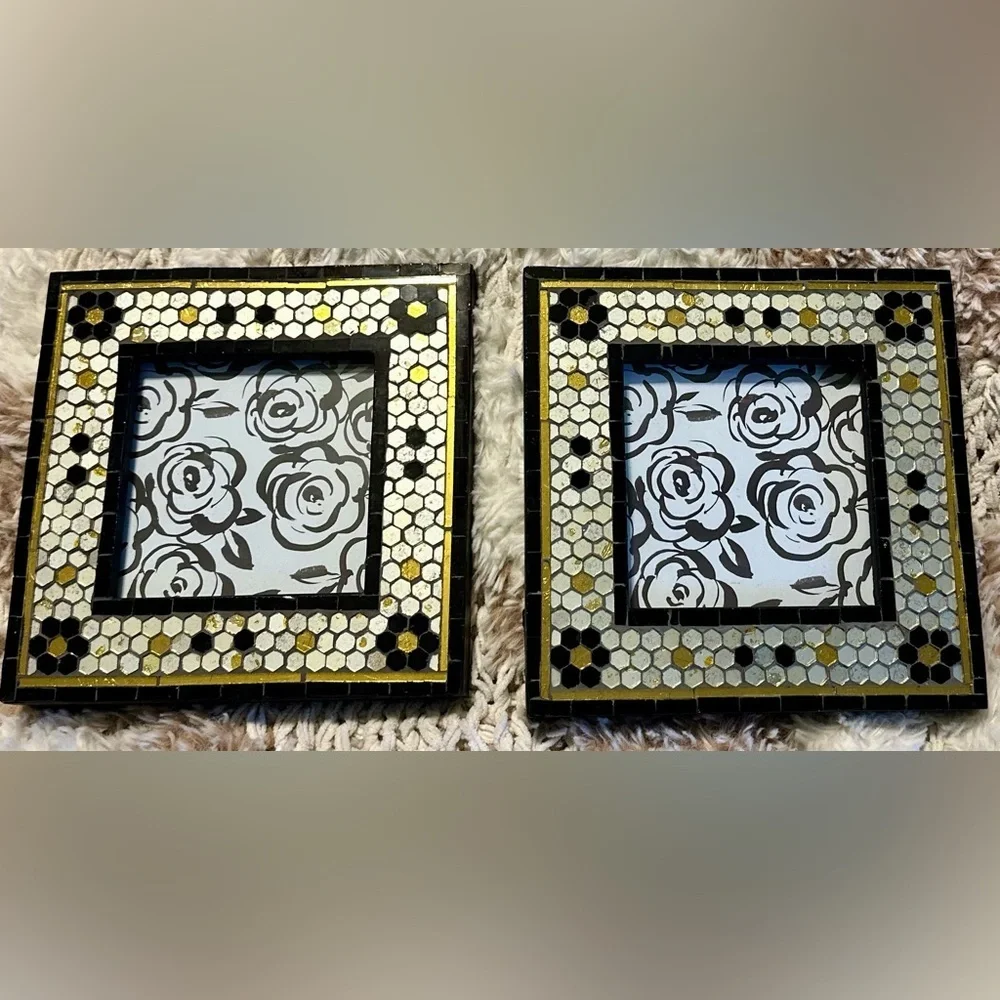 Anthropologie Mosaic Tile 4x4 Picture Frames — Set of 2, Black/White/Gold, NWT